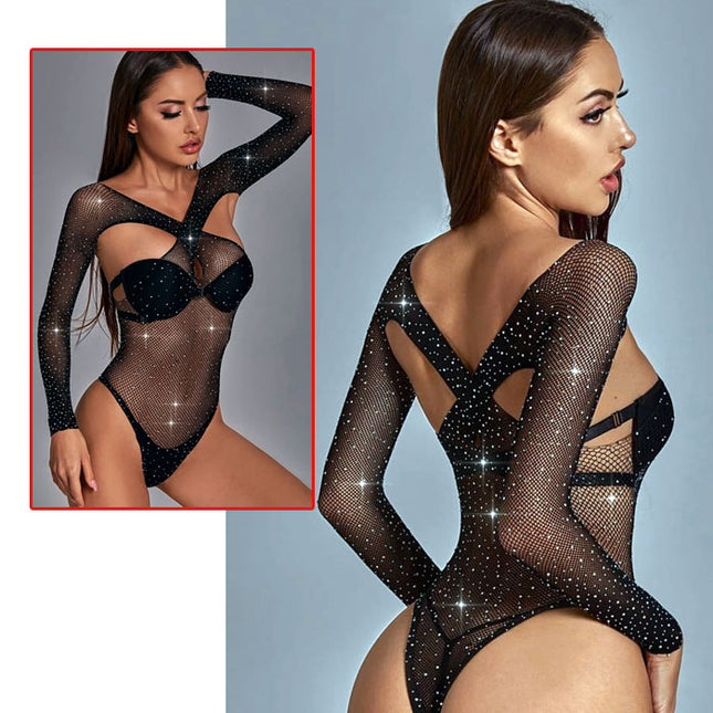 Kollu Parlak Tasli Seksi Bodydoll Vücut Çorabi