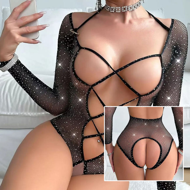 Kalça ve Ön Açik Parlayan Tasli Bodydoll Vücut Çorabi