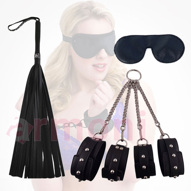 3lü Fetish Set, Çapraz 4lü Kelepçe, Kapali Göz Bandi, Kirbaç Siyah