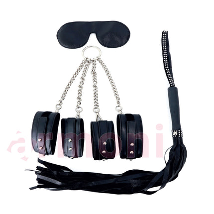 3lü Fetish Set, Çapraz 4lü Kelepçe, Kapali Göz Bandi, Kirbaç Siyah