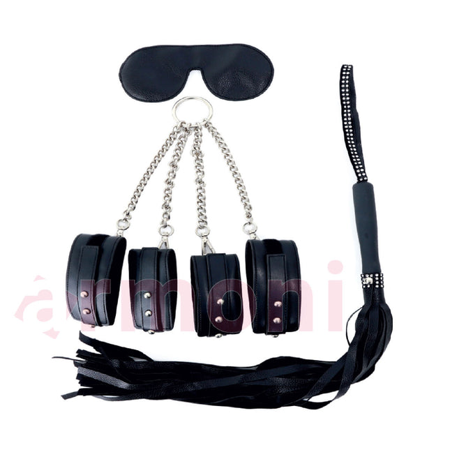 3lü Fetish Set, Çapraz 4lü Kelepçe, Kapali Göz Bandi, Kirbaç Siyah