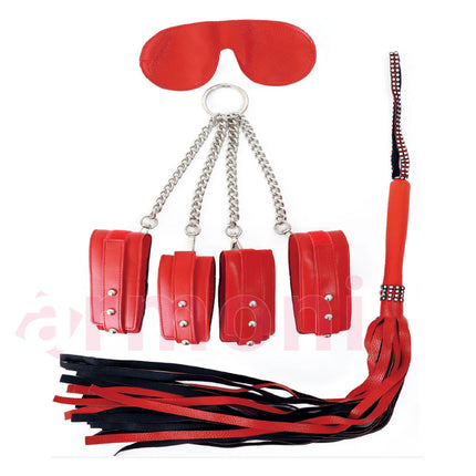 3lü Fetish Set, Çapraz 4lü Kelepçe, Kapali Göz Bandi, Kirbaç Kirmizi
