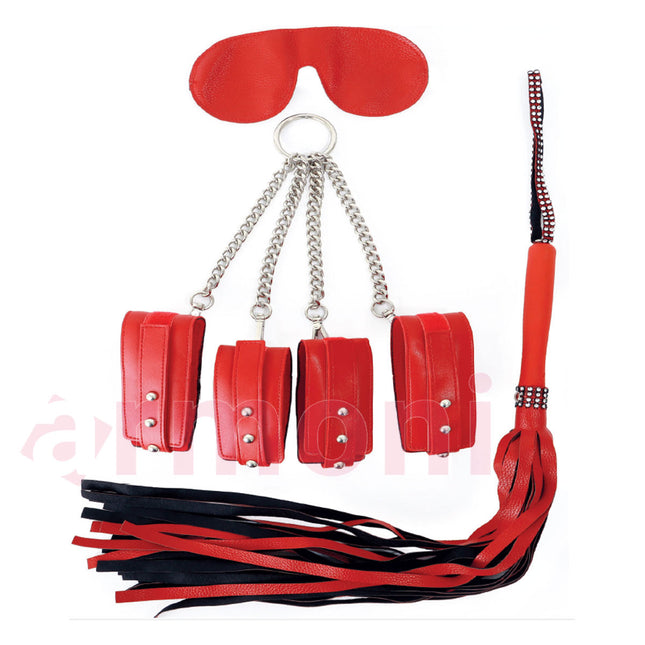 3lü Fetish Set, Çapraz 4lü Kelepçe, Kapali Göz Bandi, Kirbaç Kirmizi