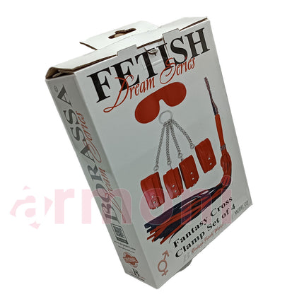 3lü Fetish Set, Çapraz 4lü Kelepçe, Kapali Göz Bandi, Kirbaç Kirmizi